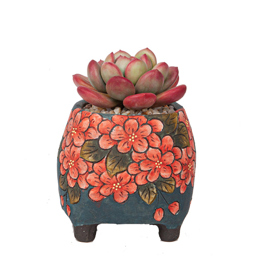Handmade Clay Succulent Plant with Traditional Chinese Floral Handpainting Ceramic Pot SH002