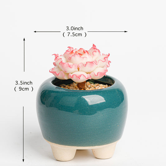 Galagaga Handcrafted Artificial Succulent Plant in Teal Ceramic Pot, White and Pink Flower, Decorative Clay Art - Detail view of handmade - clay succulent