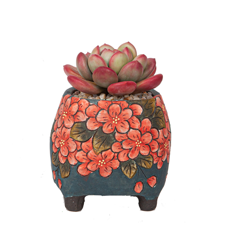 Handmade Clay Succulent Plant with Traditional Chinese Floral Handpainting Ceramic Pot SH002