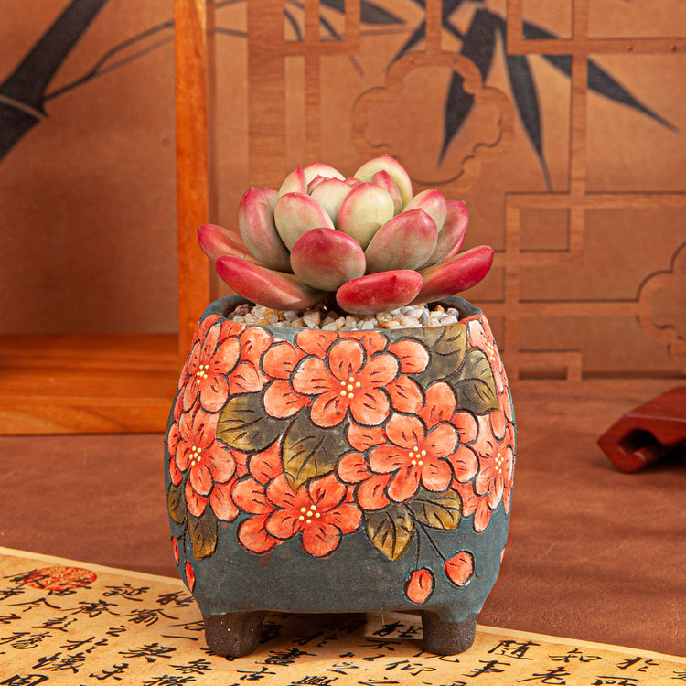 Handmade Clay Succulent Plant with Traditional Chinese Floral Handpainting Ceramic Pot SH002